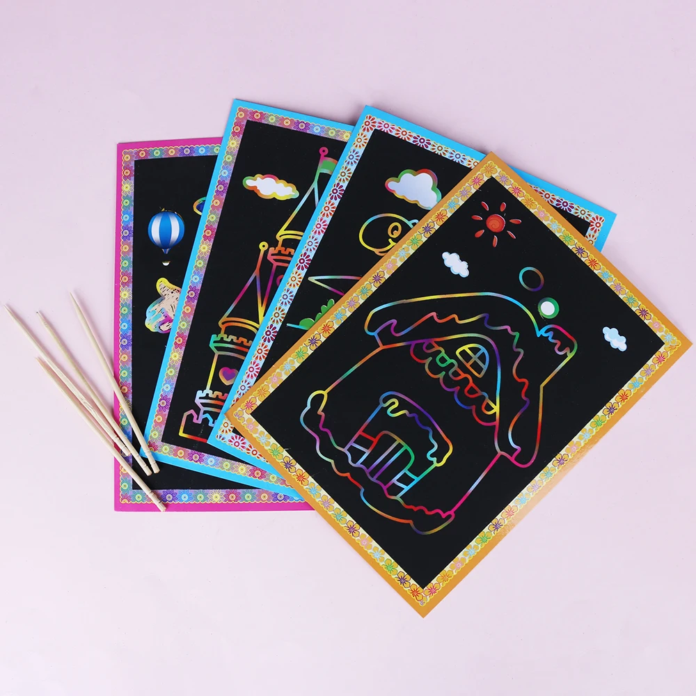 

Happyxuan 12.7*17.2cm Large Magic Color Rainbow Scratch Paper Note book Black DIY Drawing Toys Scraping Painting Kid Doodle