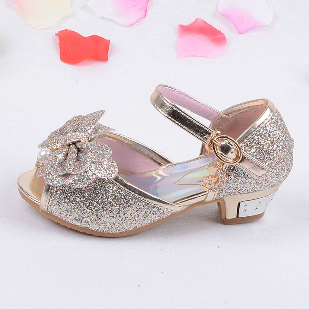 Принцесса Девушки Вечерние обувь детские сандалии красочные блестки обувь на высоком каблуке Девушки Сандалии открытый носок Летняя детская обувь