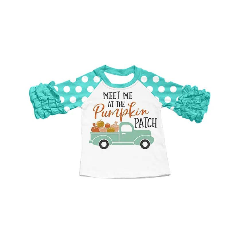 

girl 3/4 sleeves raglan shirt halloween pumpkin and truck print grils top