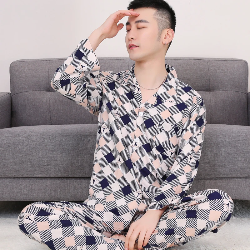 Мужской пижамный комплект из хлопка, полосатая Пижама с отложным воротником, мужская пижама из двух частей, Мужская пижама размера плюс L-3X, домашняя одежда - Цвет: Paris iron tower