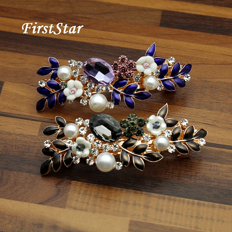 

FirstStar Fashion Purple And Black Crystal Hair Barrette Leaf Flower Pearl Rhinestone Clip For Women Hair Jewelry