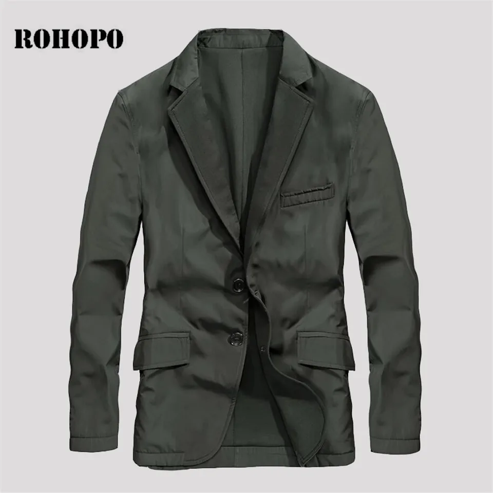 

ROHOPO Single Breast Slim Casual Blazer Male,Black/army green Safari Style Leisure Pockets Blazer Brand Fashion Outwear Man 2019