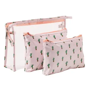 

3Pcs Flamingo Cactus Stripe Cosmetic Bag Women Travel Necessaries Make Up Pouch