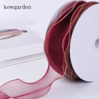 Kewgarden DIY бант ленты из вуали " 50 мм Золотой Край органзы ленты вручную изготовленная лента аксессуары Riband 25 ярдов - Цвет: Бургундия