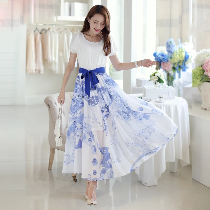 Short Sleeve Chiffon One Piece Dress Full Dress Expansion Bottom Long Design O Neck Blue And White Porcelain Chinese Style Dress Indian Dress Jilbabporcelain Mug Aliexpress