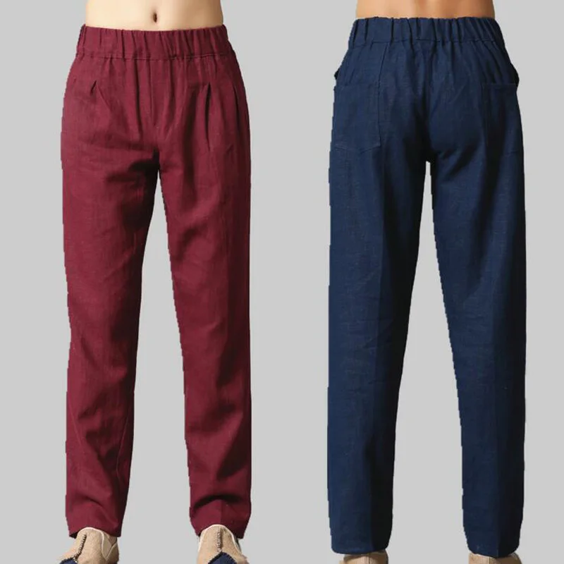 

2PCS/LOT Cotton Linen Pants Comfortable Men Casual Linen Trousers Men Soft Natural Flax All Match Pants Two Pockets