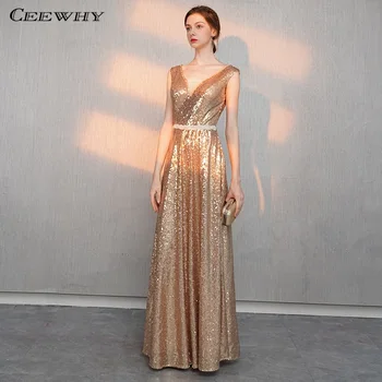 

CEEWHY V-Neck Gold Evening Dress Plus Size Evening Dresses Sequinated Evening Gowns for Women Abiye Gece Elbisesi Avondjurk