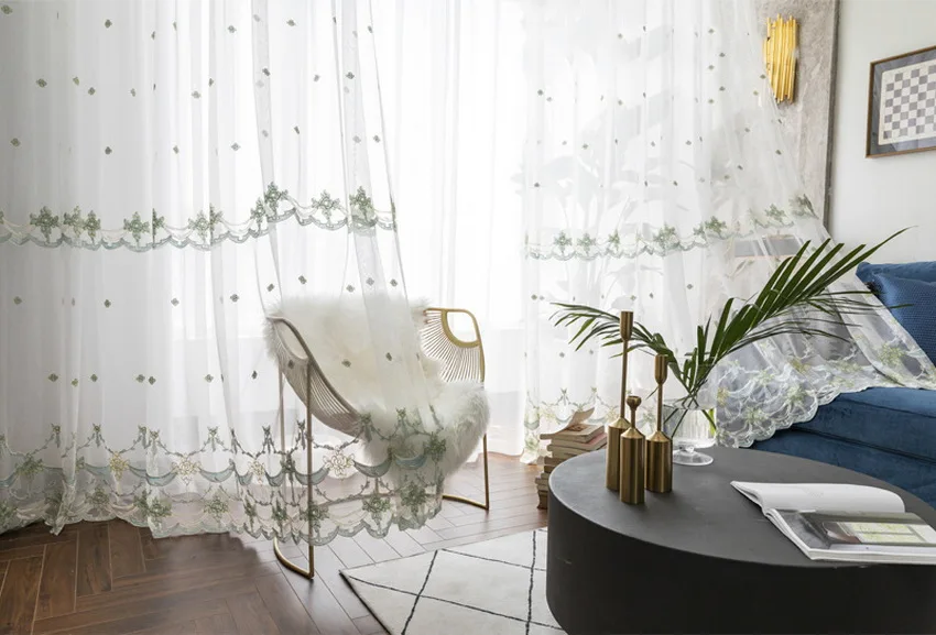 European Luxury Mesh Embroidered Curtain for Bedroom Delicate Sheer Fabric Window Cortina M068C