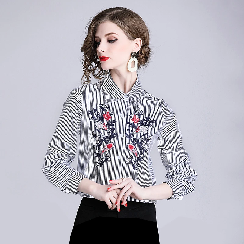 Spring New Fashion Women Blouses Long Sleeve Casual Flamingo Embroidery