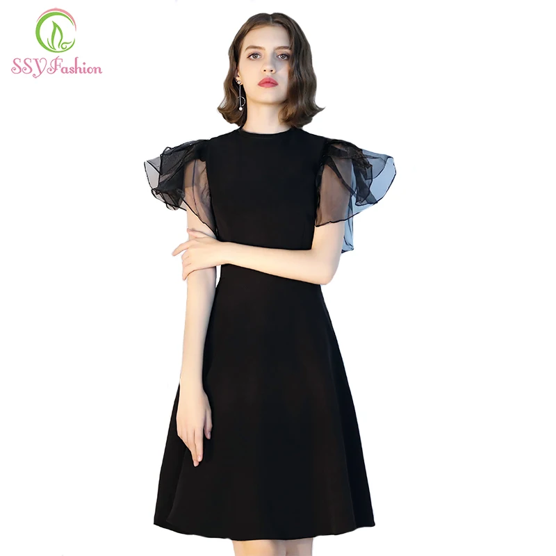 SSYFashion новый элегантный маленьких Платье черного цвета простые Гольфы оборками