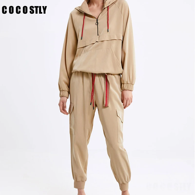

Autumn Tracksuit Women Joggers Tracksuit 2019 Kangaroo Pocket Hooded Jacket High Elastic Long Pants Two Piece Set Sportswear