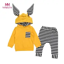 Г. новое поступление, комплект детской одежды, хлопковая футболка с капюшоном и длинными рукавами и заячьими ушками в полоску Топ+ штаны, комплект одежды