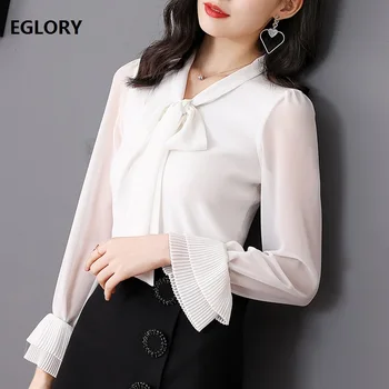 

High Quality Brand New 2019 Autumn Winter Sweaters Women Bow Collar Sexy Sheer Chiffon Patchwork Long Sleeve Office Tops Female