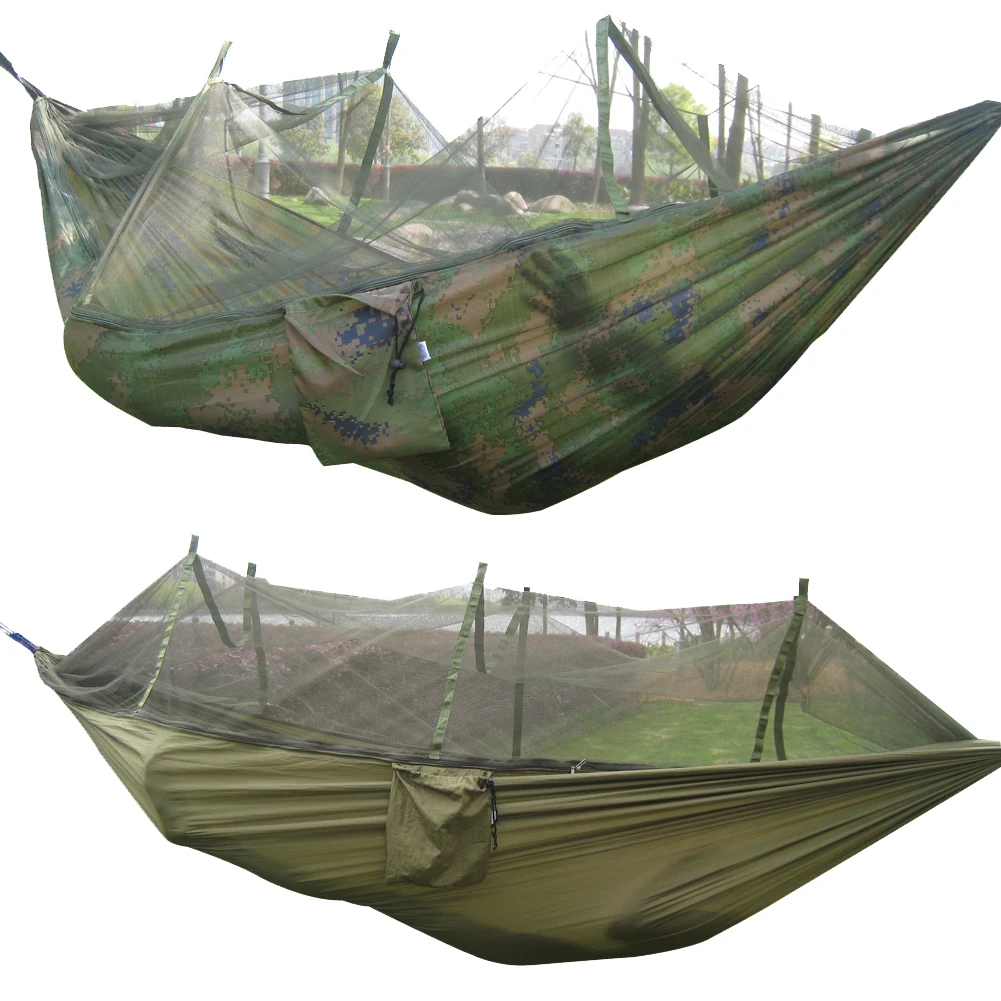 260x130cm Portable Outdoor Garden Army Green Camo High Strength Parachute Fabri Camping Mosquito Hammock With Mosquito