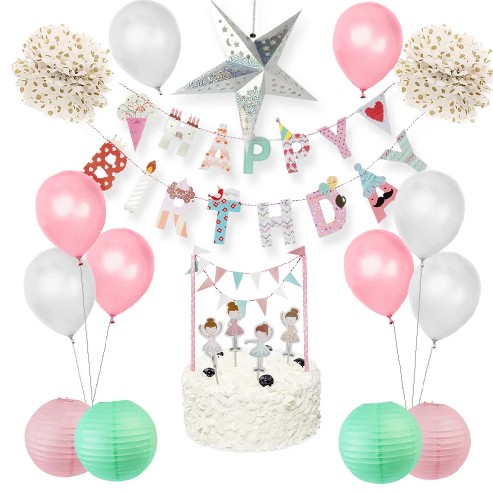 

19pcs Baby Girl Birthday Party Decoration Kit Ballerina Cake Topper Happy Birthday Banner Paper Star Lantern Balloons Pom Poms