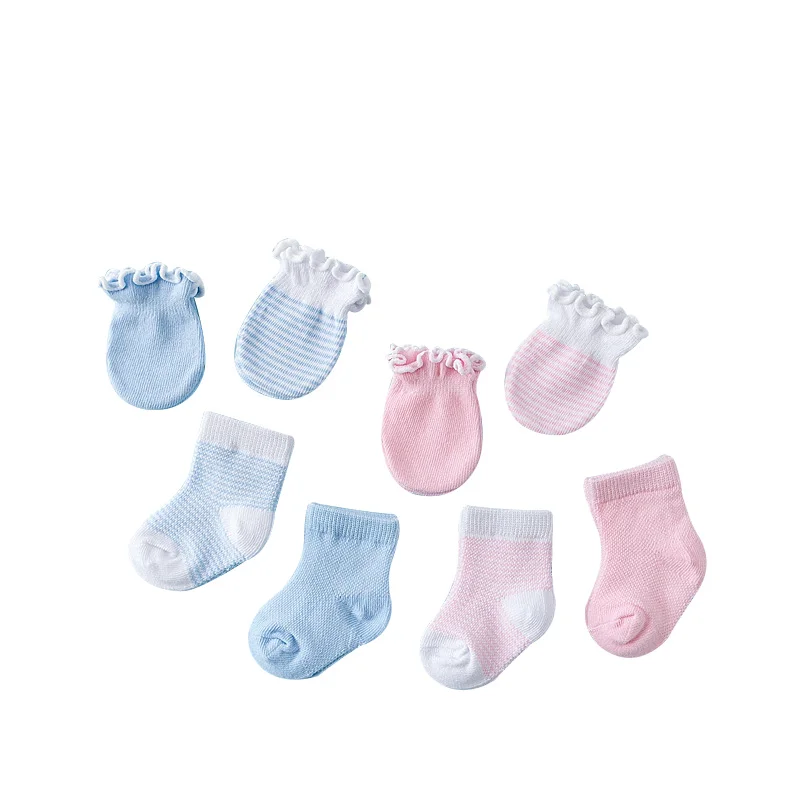 2 Sets Cotton Newborn Baby Socks + Gloves Set Cute Pink/Blue Socks For