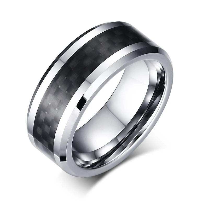 Mens Ring in Silver Color 8mm Tungsten and Black Carbon