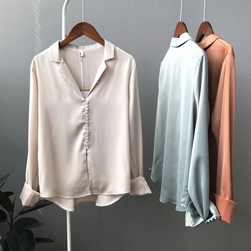 Meilleur 2018 Mode Femme Imitation Satin Blouses À Manches Longues Vintage Femme V Cou Rue Chemises Tops Plus La Taille