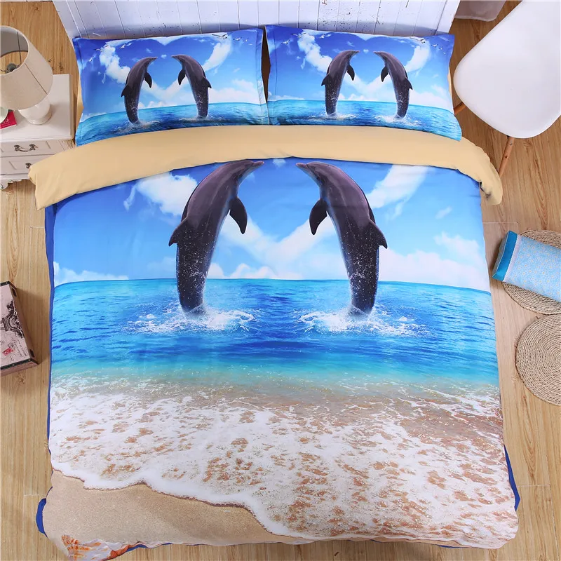 

iDouillet Romantic Dolphins LOVER & Sea Beach Prints Bedding Sets 4pcs Twin Full Queen King Size Duvet Cover Bedspread Bed Linen