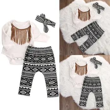 

Cute Newborn Baby Girls Tassels Romper Legging Pant Headband 3pcs Kids Warm Outfits Set 0-18M