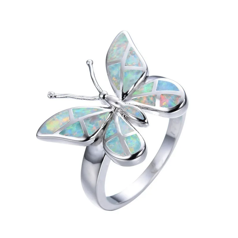 

Vintage Rainbow White Blue Fire Opal Butterlfy Finger Ring Crystal Silver Filled For Women Female Unique Insect Jewelry Wholesal