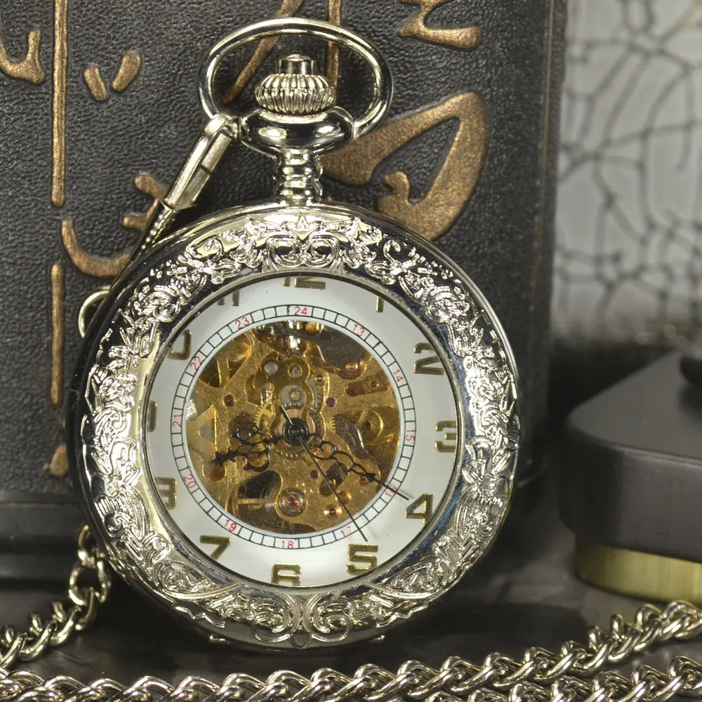 

TIEDAN Silver Skeleton Automatic Mechanical Pocket Watch Men Antique Luxury Brand Necklace Pocket & Fob Watches Chain Male Clock