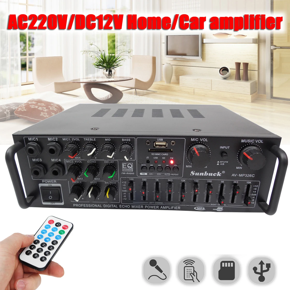 

AC 220V/DC 12V 600W 2CH EQ Power Stereo Amplifier Support USB Disk SD Home Theater Amplifiers Audio home Amplifier