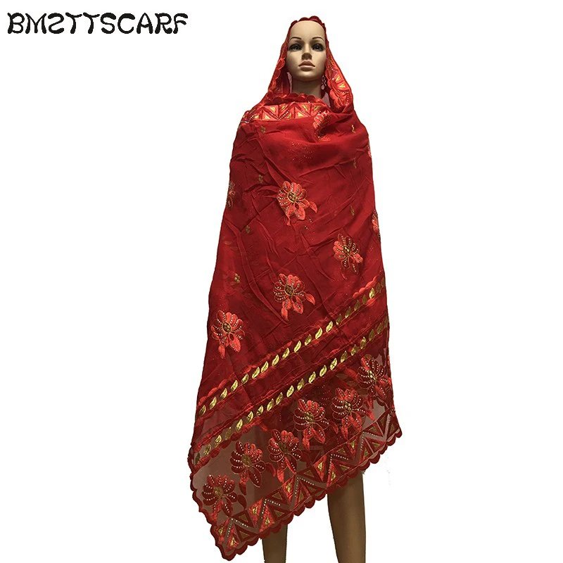 

African Scarfs Muslim Women Soft Cotton match Net Embroidery Big Size Scarf for Wraps Shawls BM660