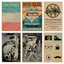 Винтажный Классический Фольксваген автомобиль VW тип мини автобус ретро плакат, крафт-бумага для бара кафе домашний декор живопись Наклейка на стену