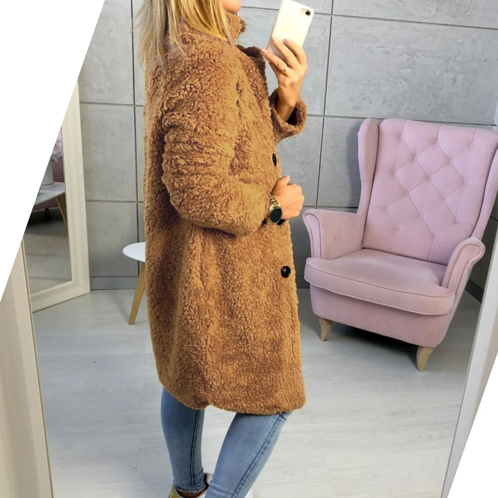 Зимняя Женская Толстая теплая куртка из искусственного меха с карманом плюшевого мишки, флисовая куртка, длинное пальто, повседневная меховая верхняя одежда, модное пальто