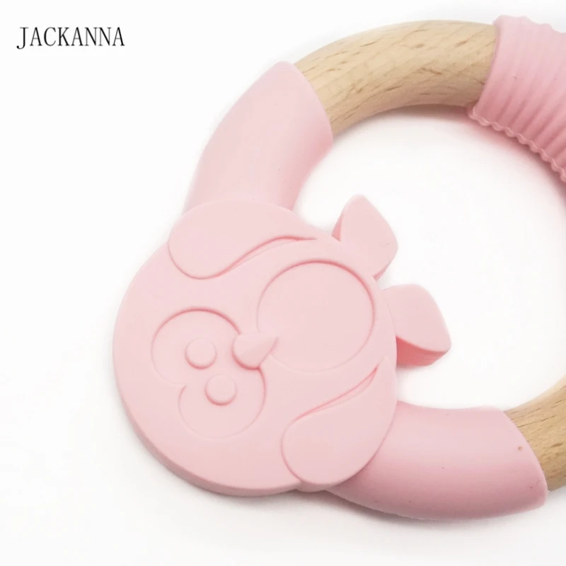 1PC Animal Shape Silicone Teether Wooden Ring Nursing Accessories Chewable Rattle Toy Circle Newborn Shower Gifts Baby Teether