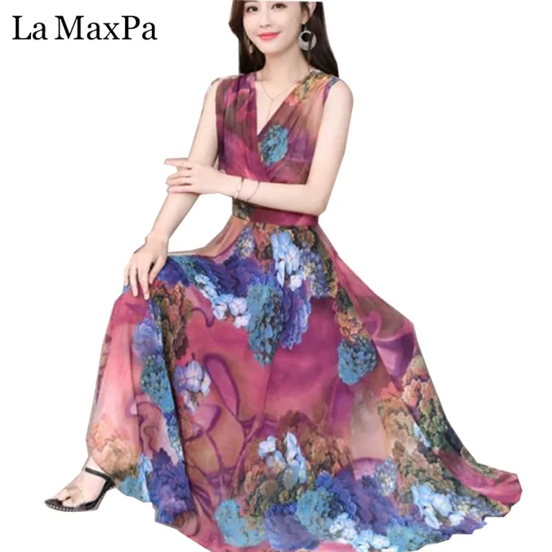 

La MaxPa Chiffon Dress 2019 Summer New Print Slim Women V Neck Sleeveless Bohemia Long Dress 3XL Plus Size Women's Clothing