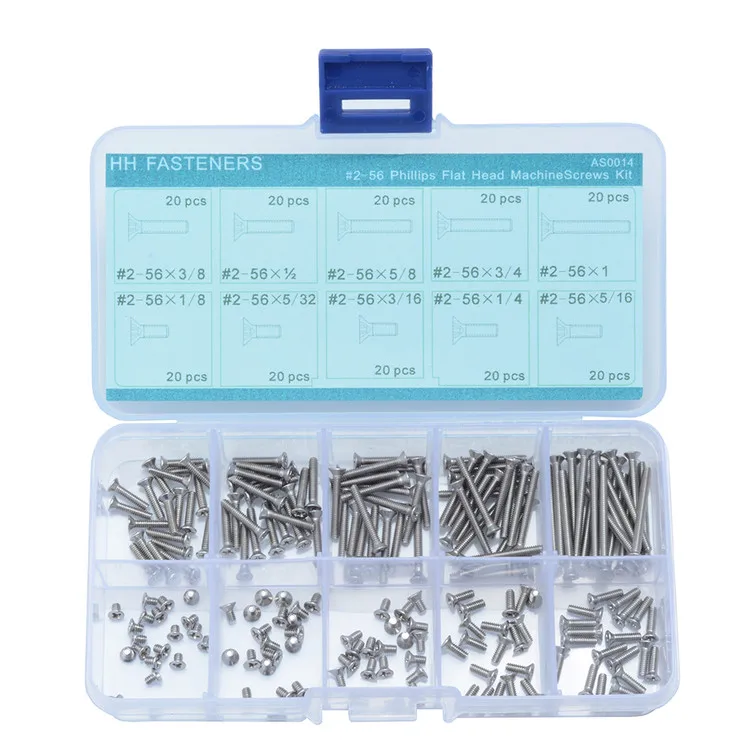 

200pcs #2-56 UNC Phillips Flat Head Machine Screws Assortment Kit Stainless Steel