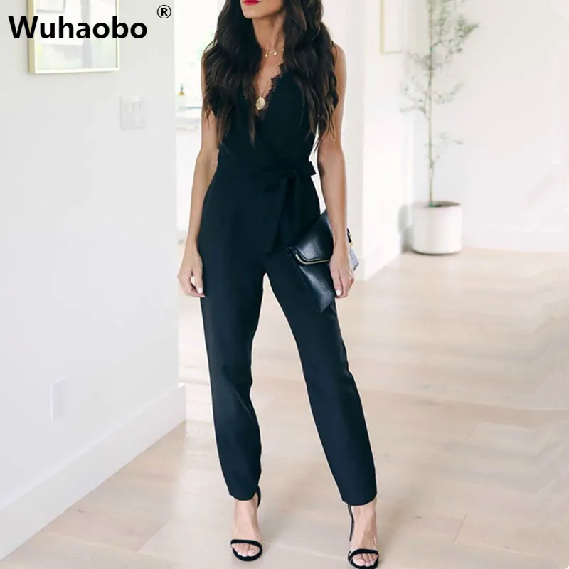 

Wuhaobo Lace Women Jumpsuits Female Overalls Belted Deep V Neck Sexy Bodysuits Off The Shoulder Elegant Summer Playsuits 2019