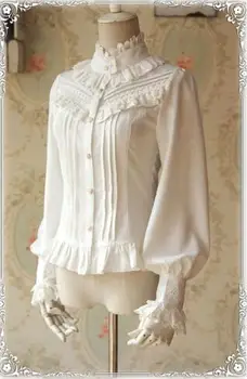 

Infanta Branded Thick Women's Blouse Classic White/Black Stand Collar Long Puff Sleeve Chiffon Shirt