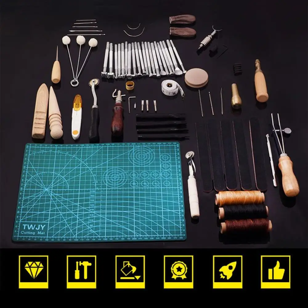 

50PCS Leather Craft Tools Kit Hand DIY Sewing Stitching Carving Work Punch Saddle Leathercraft Accessories for Leather Working