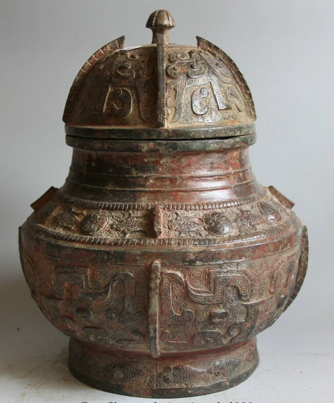 

Collectible bronze S1911 12" Old Chinese Dynasty Bronze circular foodstuff water vessel Pot Jar Crock
