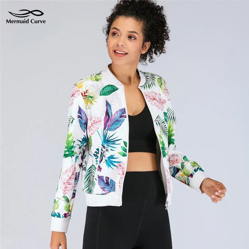 

Thin style Women Running Jacket Retro Floral Printed Yoga Zipper Bomber Jackets Baseball Coat Fitness Double layer Outwear Tops