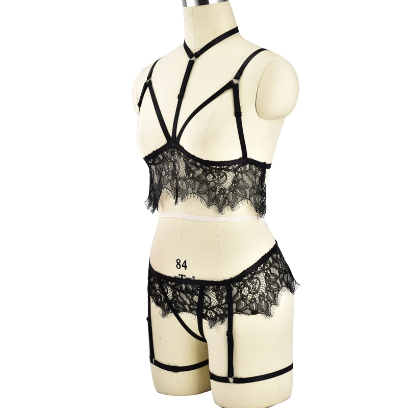 Lace Harness Top and Panties Black Elastic Body Harness Open Lingerie Set Erotic Women bdsm Lingerie Open Cup Bra Intimates Lace Harness Top and Panties Black Elastic Body Harness Open Lingerie Set Erotic Women bdsm Lingerie Open Cup Bra Intimates