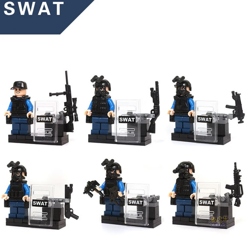 

KAZI 84033 6pcs City Police SWAT Team CS Commando Army Soldiers With Weapon Gun Blocks Bricks Compatible With Legoes Military