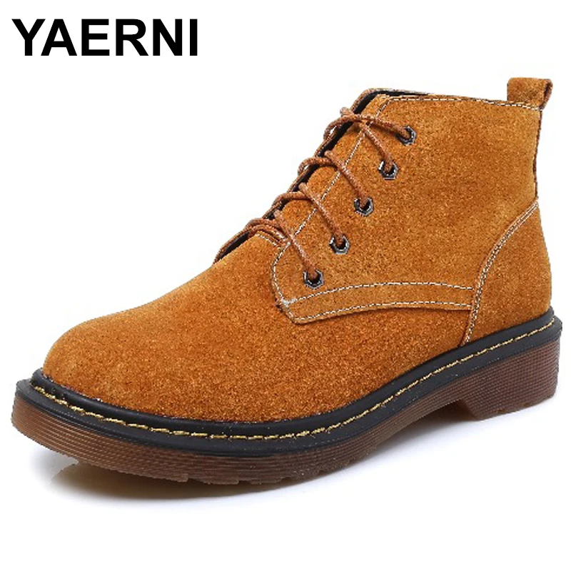 

YAERNI Autumn Winter Fashion Warm Martin Boot Real Leather Lady Shoes Women British Style Ankle Boots Cross-tied Soft Sole E636
