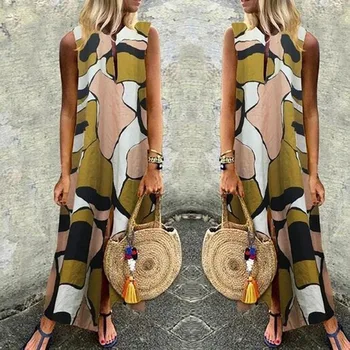

Women Dress Printed Split Hem Sleeveless Casual Maxi Dress IK88