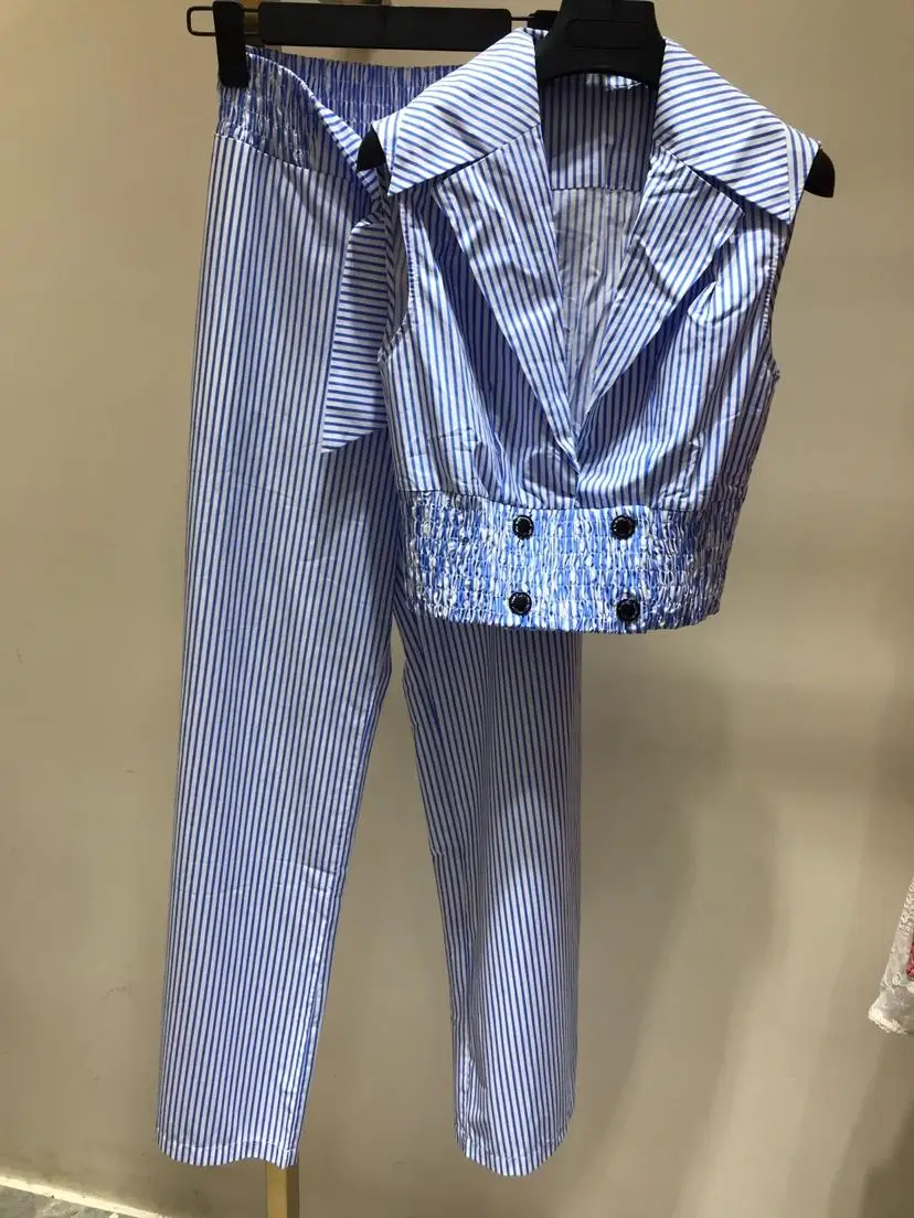 

2019 Women's Fashion Stripe Set Sleeveless Lapel Top + Lace Up Women's Pants 2 Piece Set 0624