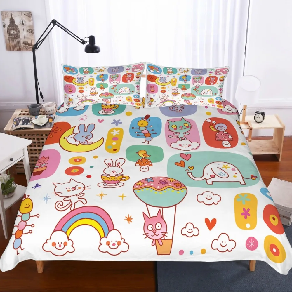 Cartoon Rainbow Kids Microfiber Bedding Set Duvet Cover Set Animals 3D Print Bed Linen Set Pillowcase Twin Full Queen Bedclothes