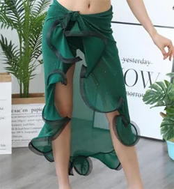 Танец живота костюм для женщин юбка для танца живота обёрточная бумага хип шарф с оборками Боковой разрез темно-зеленый корейский дизайн - Цвет: Зеленый