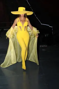 

Celebrity High Quality Yellow Sequined Rayon Bandage Jumpsuit Full Length Evening Party Bodycon Jumpsuit