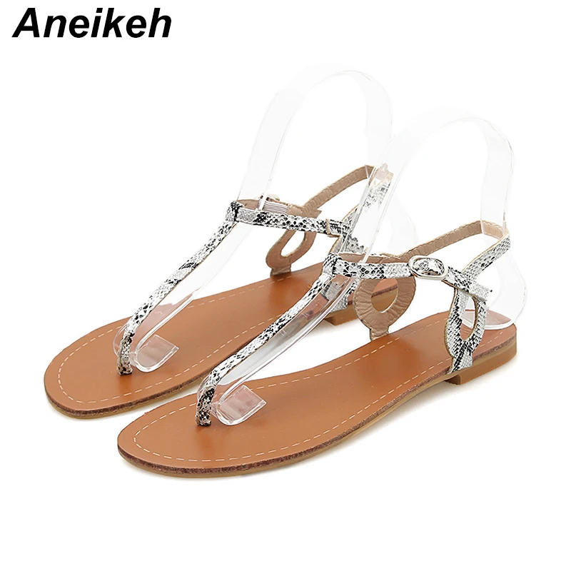 

Aneikeh 2019 Roman Flip Sandals Female Summer New Flat Bottom Fashion Wear Wild Word Buckle With Casual Beach Sandals White