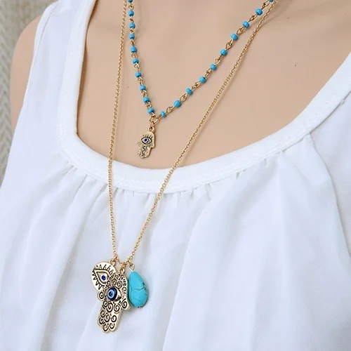 Gorgeous Women Turquoises Hamsa Fatima Hand Blue Evil Eye Pendant Double Layers Beads Sweater Long Necklace Gifts for Her