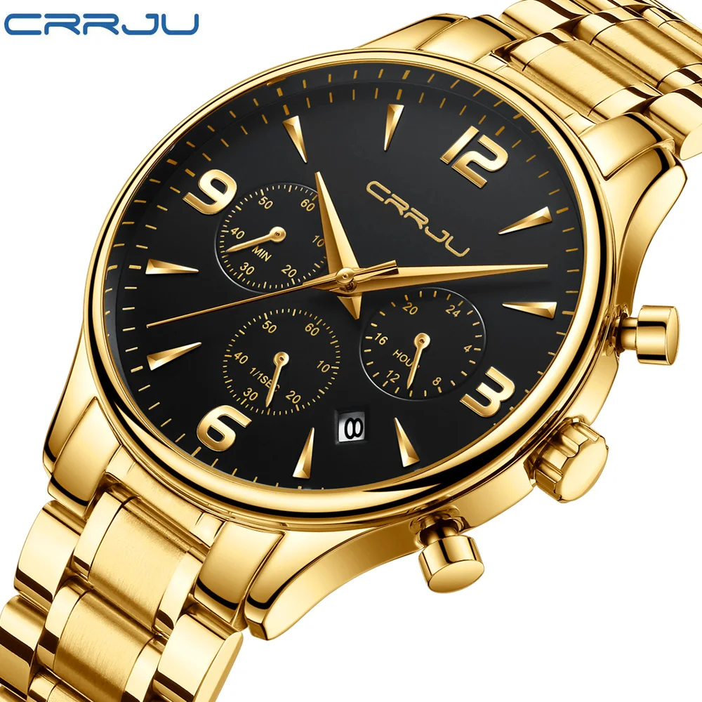 

Men's Stainless Steel Strap Business Wristwatch CRRJU Top Brand Luxury IP Plating Male Waterproof Watch eloj extraplano hombre