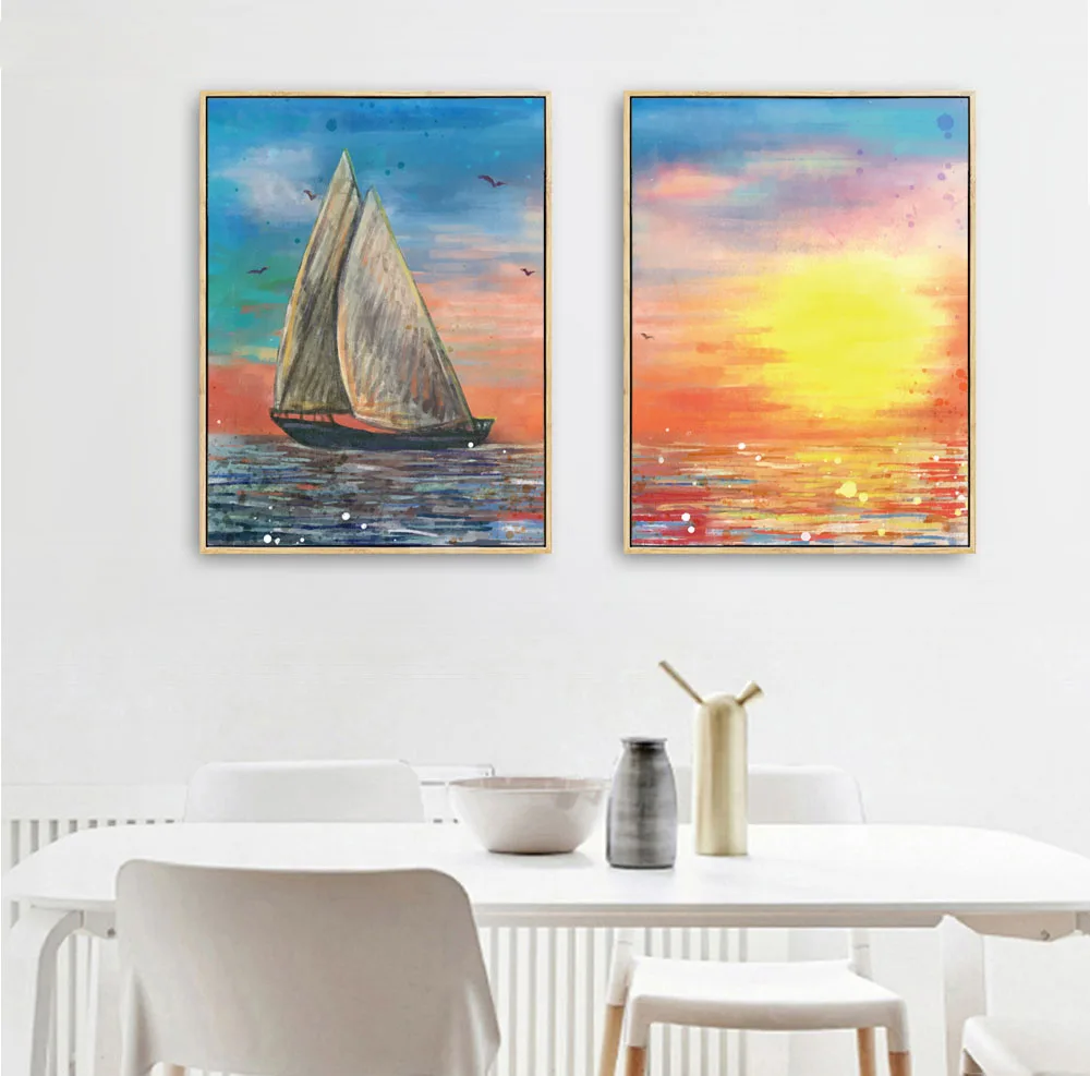 Acheter Aquarelle Coucher De Soleil Voilier Art Peinture Sur Toile Mur Affiche Et Mer Nordic Chambre Décoratif Affiche Imprimer Pas De Cadre De 772